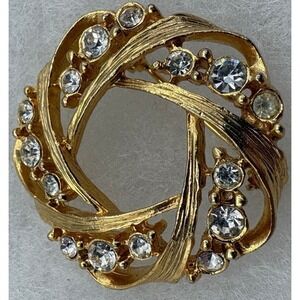 Gold Tone Rhinestone Circle Brooch 1.5" Vintage Style Pin with Jewelry Box